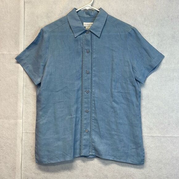 Set of 2 LIZ CLAIBORNE Liz Sport Tops Women's Medium Blue Linen Short Sleeve - Picture 9 of 15